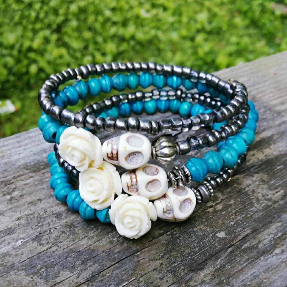Trendy skull/rose wrapped bracelet